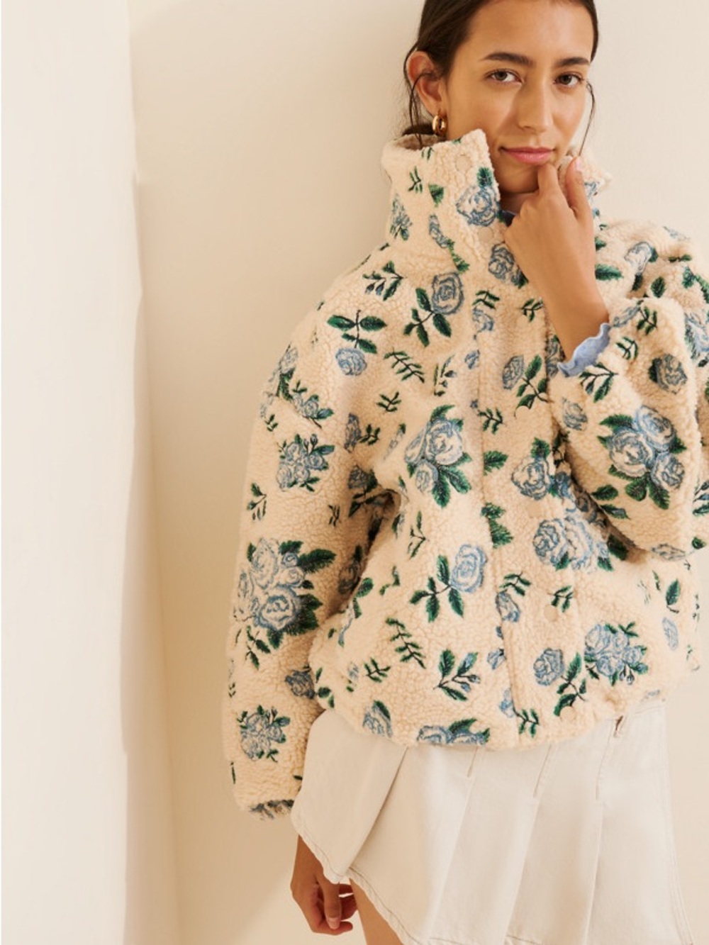 Cream Floral Sherpa Jacket with Blue Rose Motif